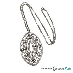 Vintage JJ Jonette Jewelry Oval Ornate Filigree Silver Tone Pendant Necklace